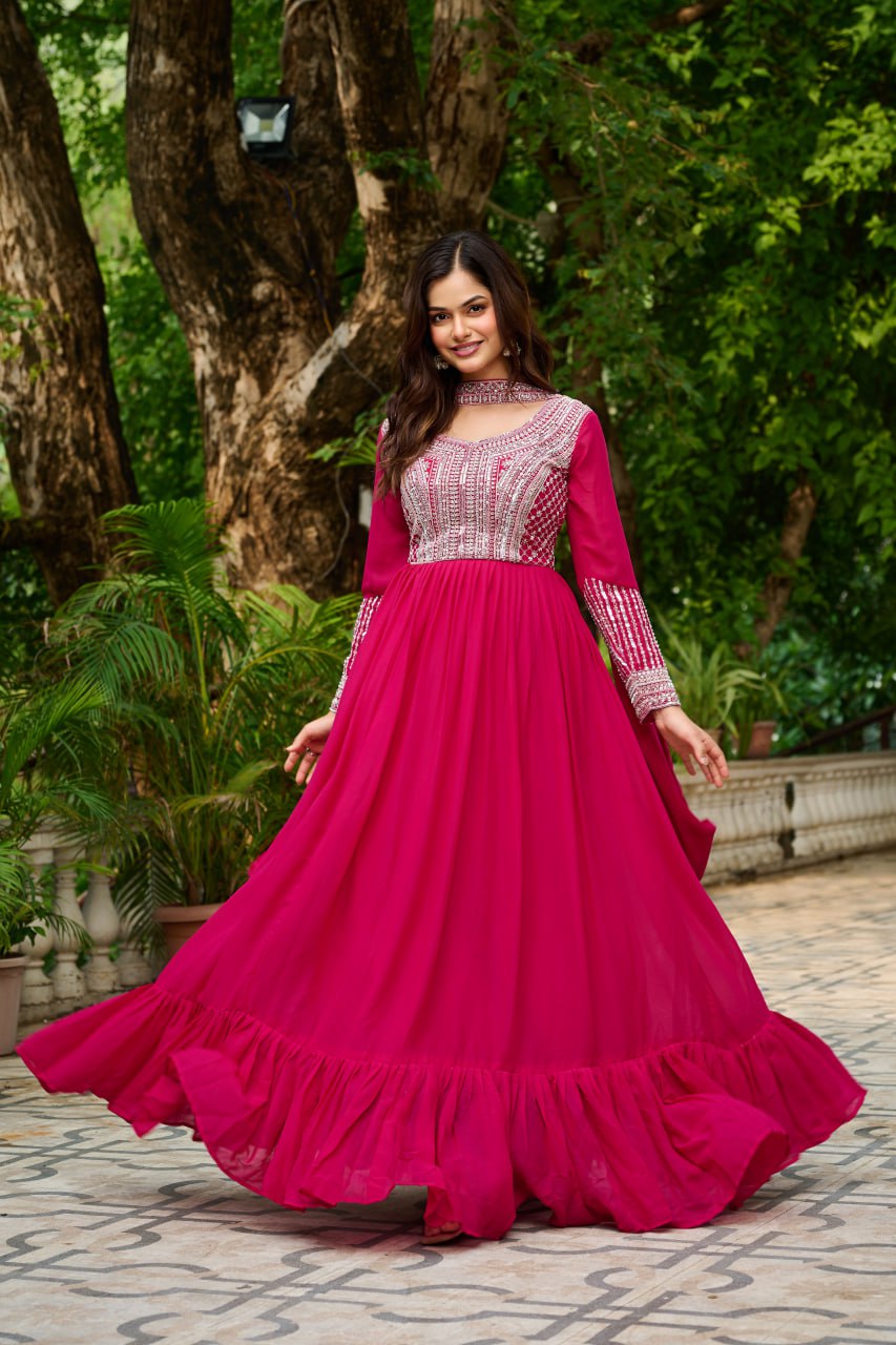 Long sleeve maxi pink color georgette gown for women
