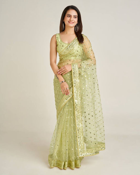 Green color net saree with blouse