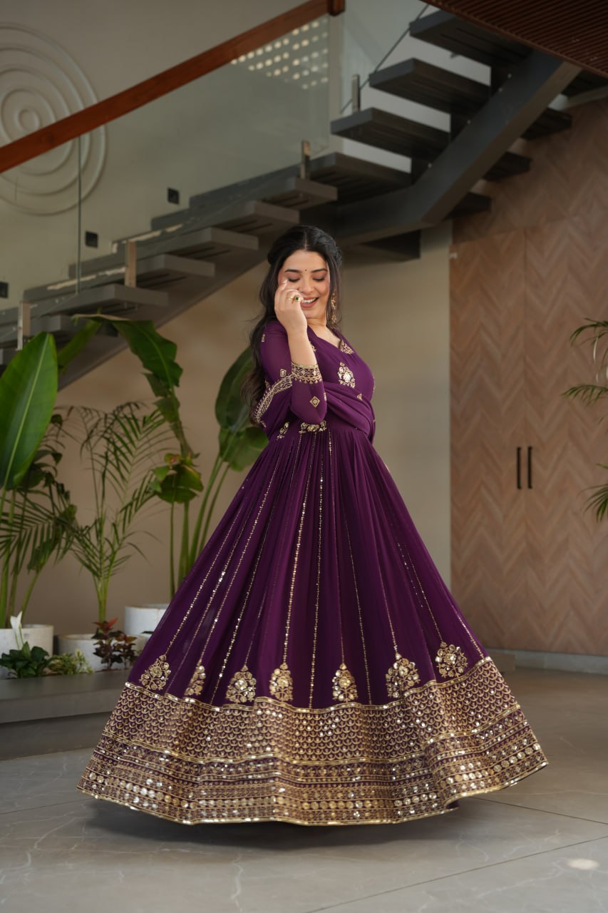 Purple embroidery work gown 