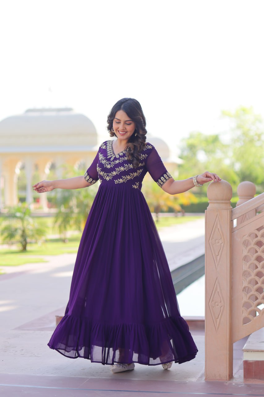 Purple color faux blooming gown for party