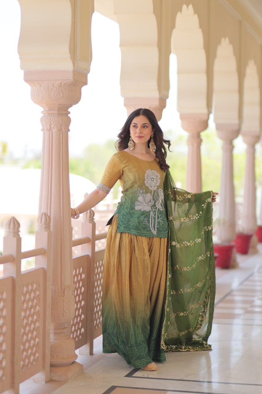 Dark green color chinon sharara suit for women
