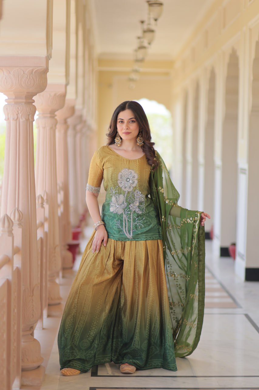 Sage green color chinon sharara suit for women
