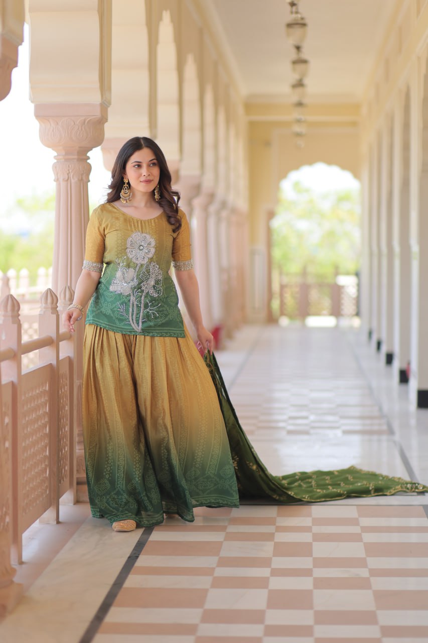 Emerald green color chinon sharara suit for women