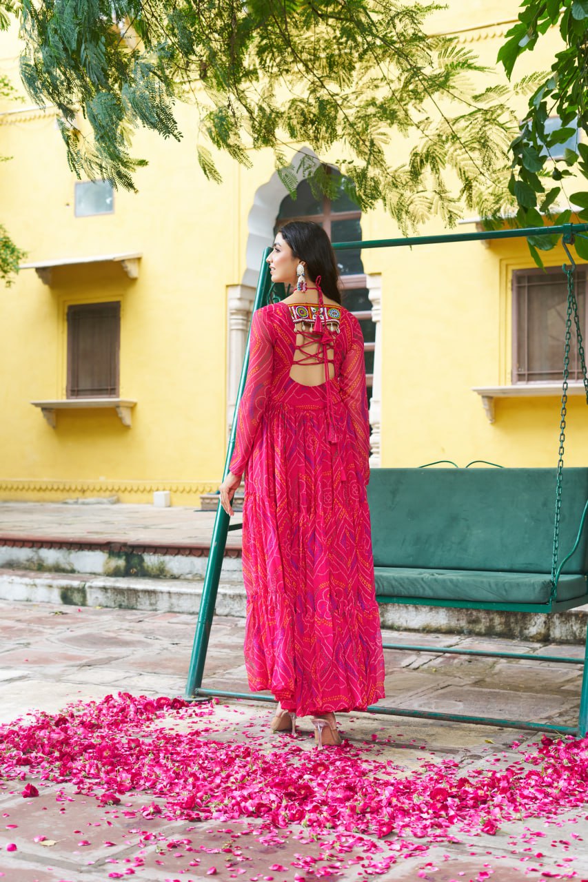 Pink color printed kutchi work gown