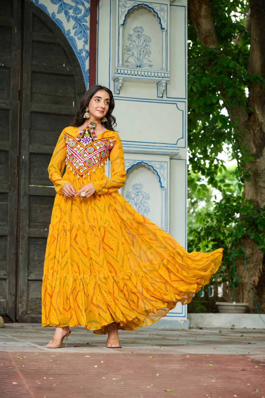 Kutchi patch work yellow long gown.