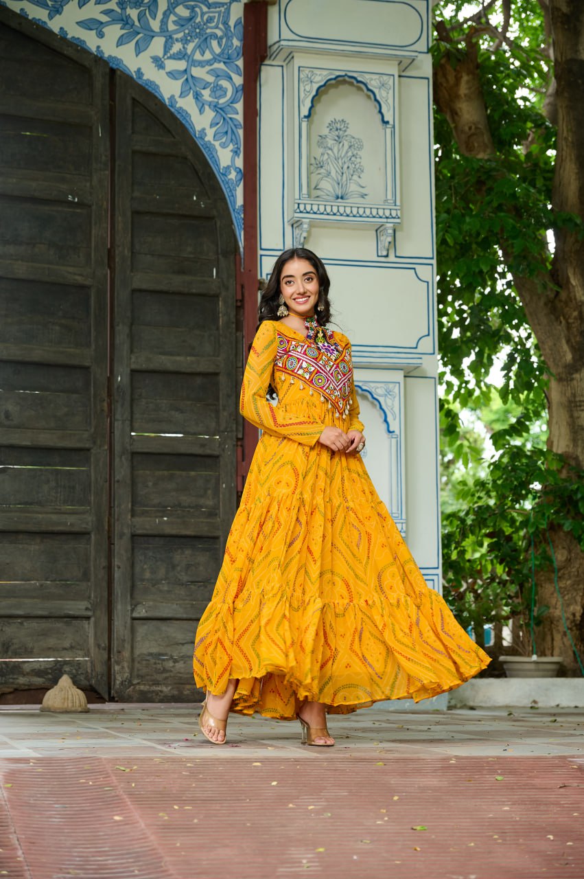 Bandhani printed yellow georgette gown