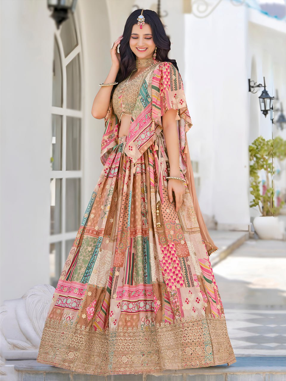 Beige chinon silk chaniya choli for party
