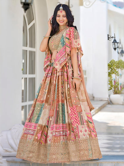 Beige chinon silk chaniya choli for party