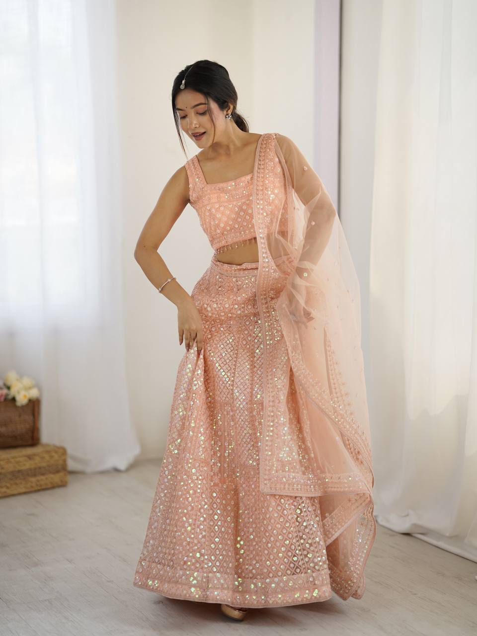 Peach sequins work chaniya choli with dupatta