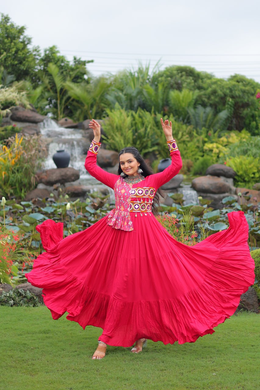 Long women pink color rayon gown for navratri
