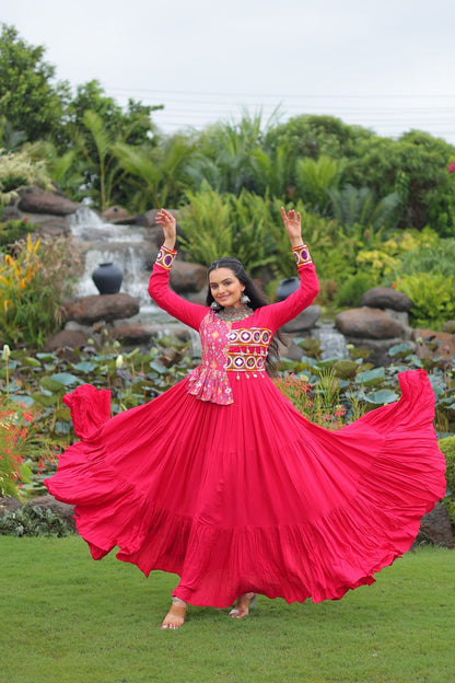 Long women pink color rayon gown for navratri
