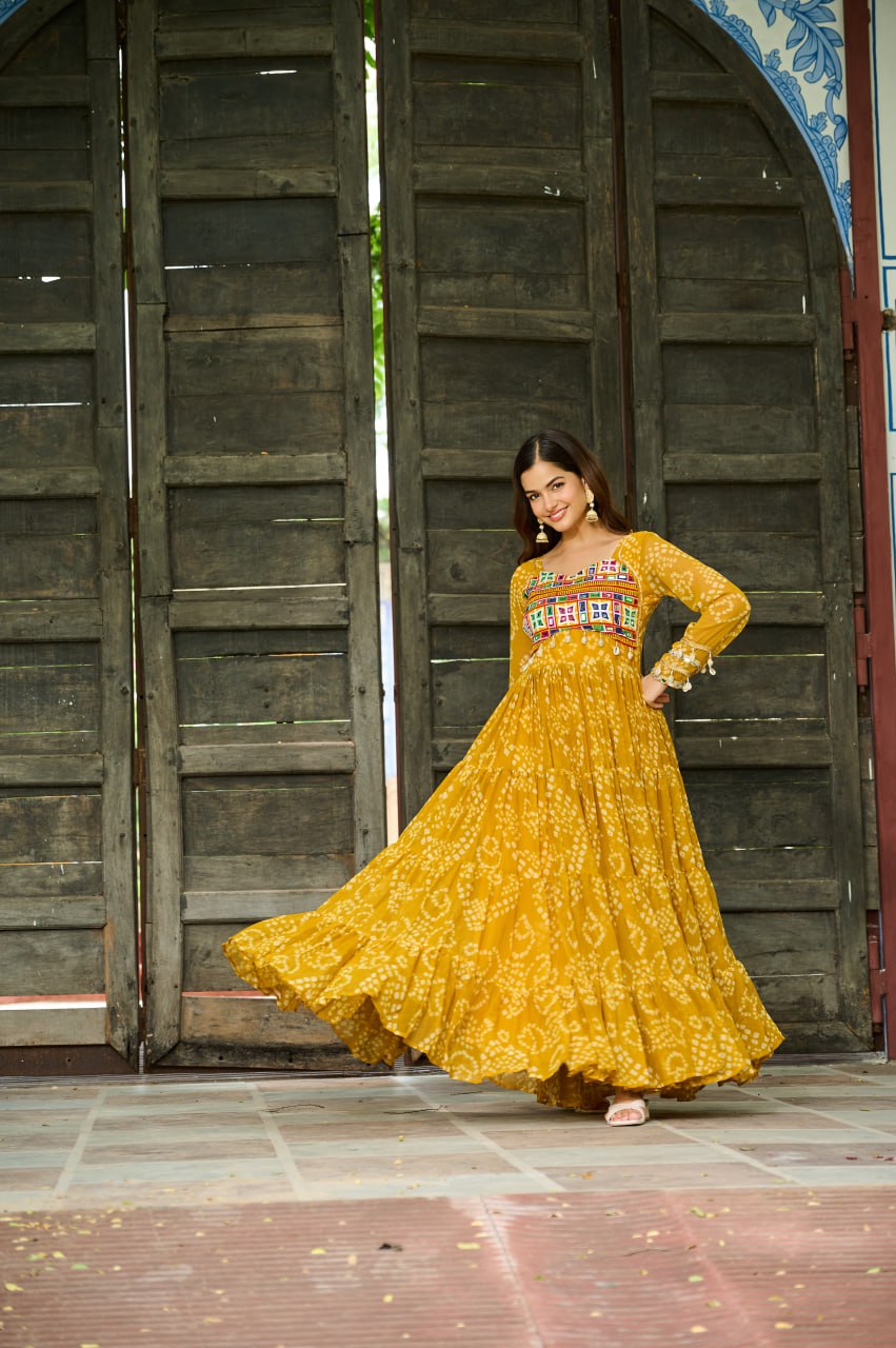 Yellow bandhani printed long gown