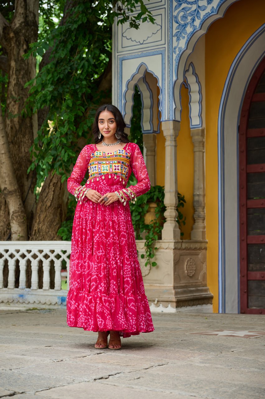 Pink bandhani printed gown with price