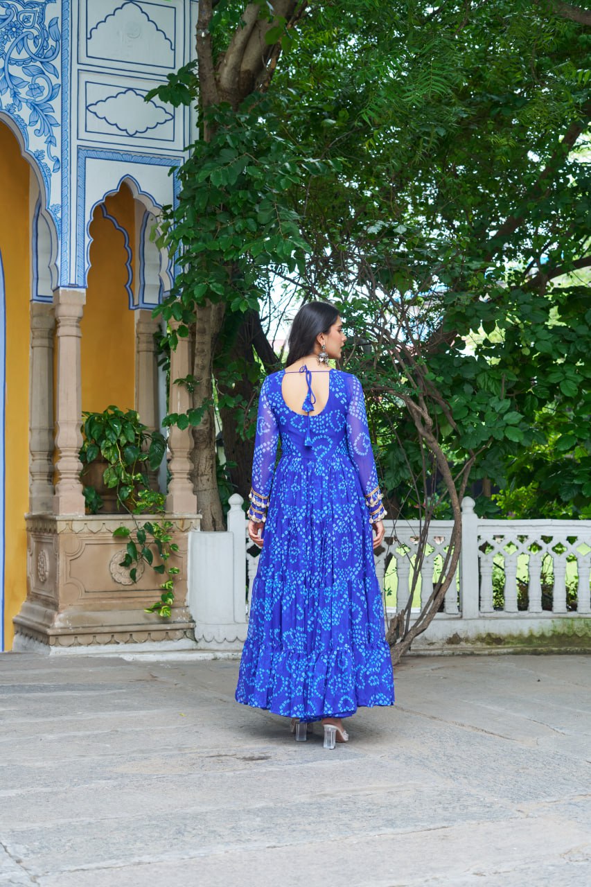 Blue kutchi patch work gown for dandiya nights