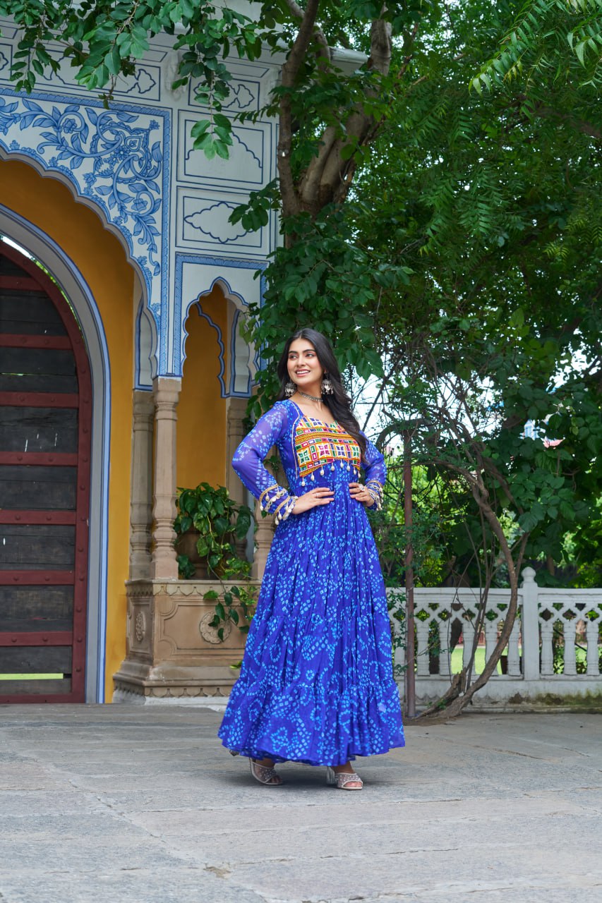 Blue color bandhani printed gown with price