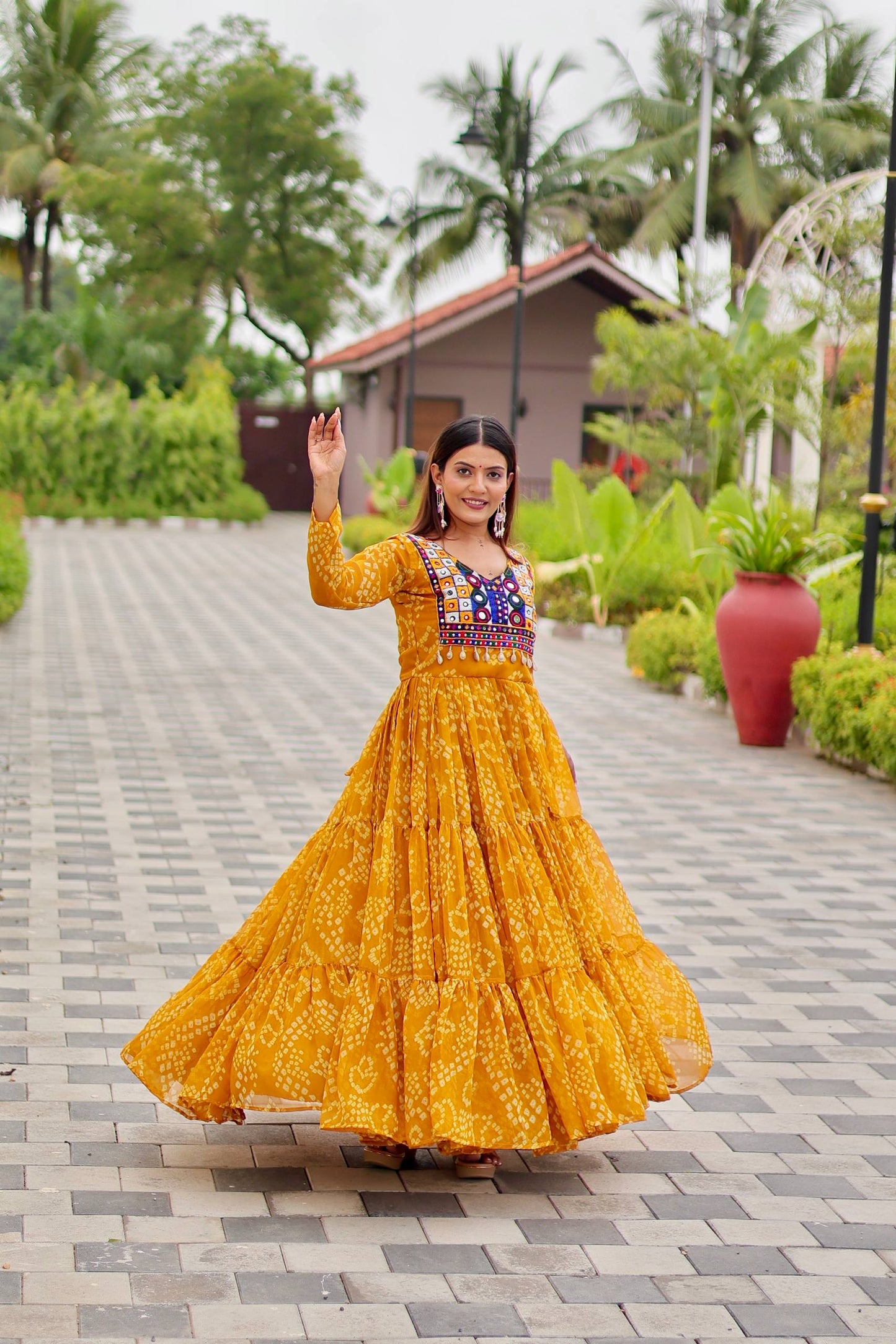 Maxi women yellow color georgette gown for navratri

