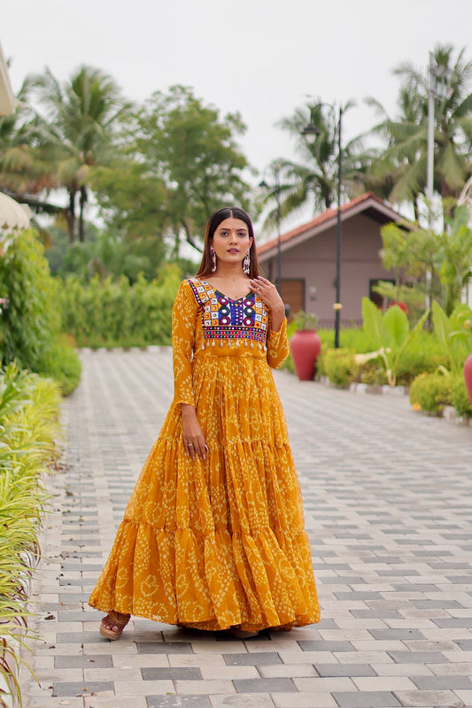Long sleeve women yellow color georgette gown for navratri
