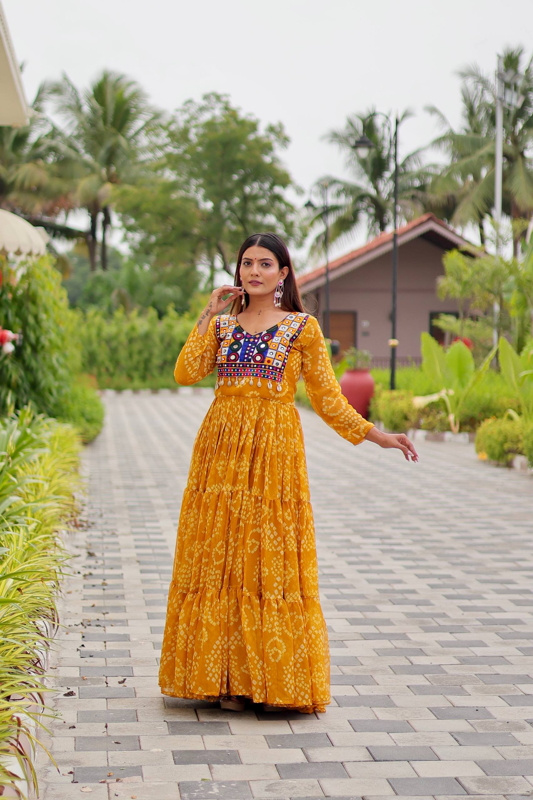 Yellow color georgette gown for navratri