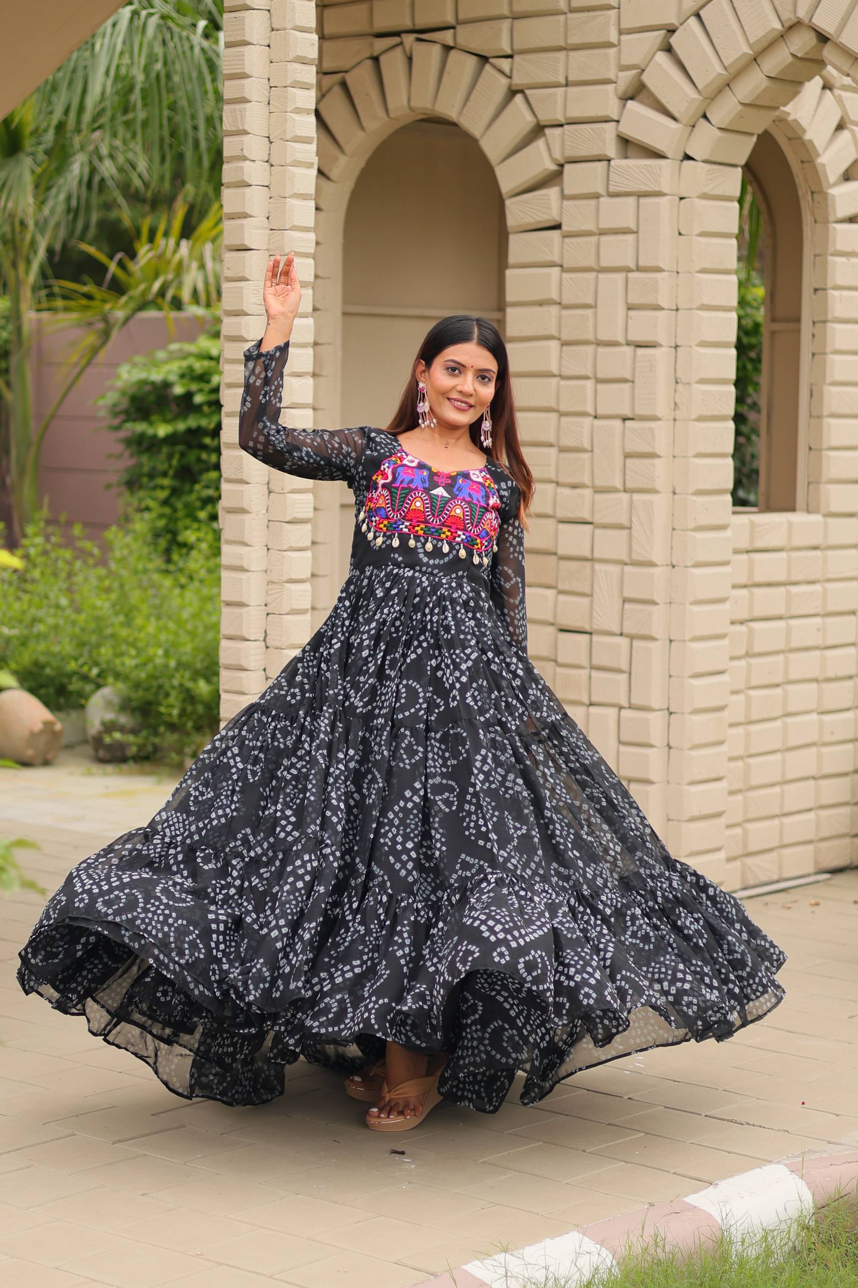 Black color mirror work gown with price