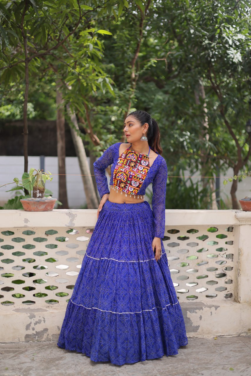 Blue color bandhej printed lehenga with blouse