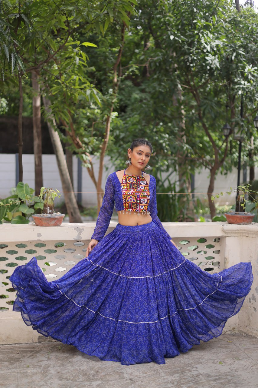 Garba wear blue color gamthi work lehenga with blouse
