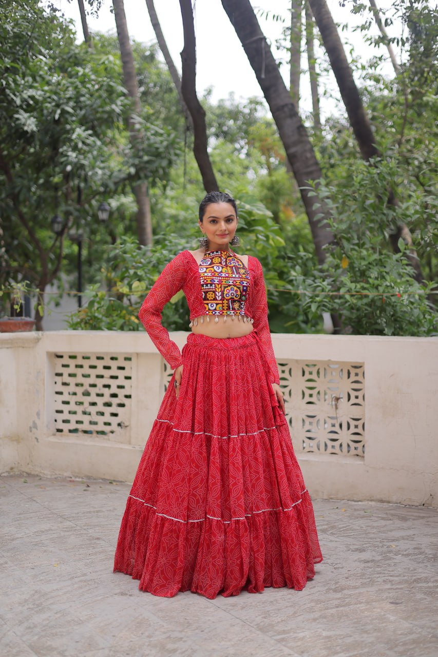 Red color georgette lehenga with top 