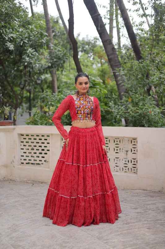 Red color georgette lehenga with top 