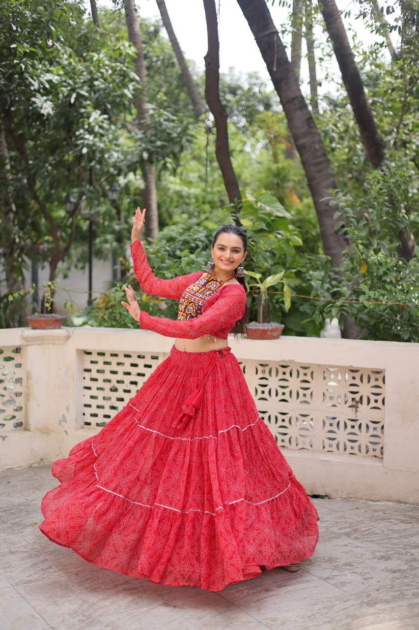 Red georgette printed lehenga with blouse