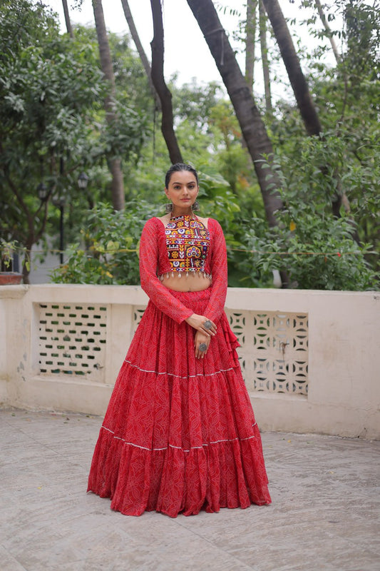 Red color georgette printed navratri lehenga choli price
