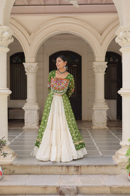 Bandhani printed green lehenga with top