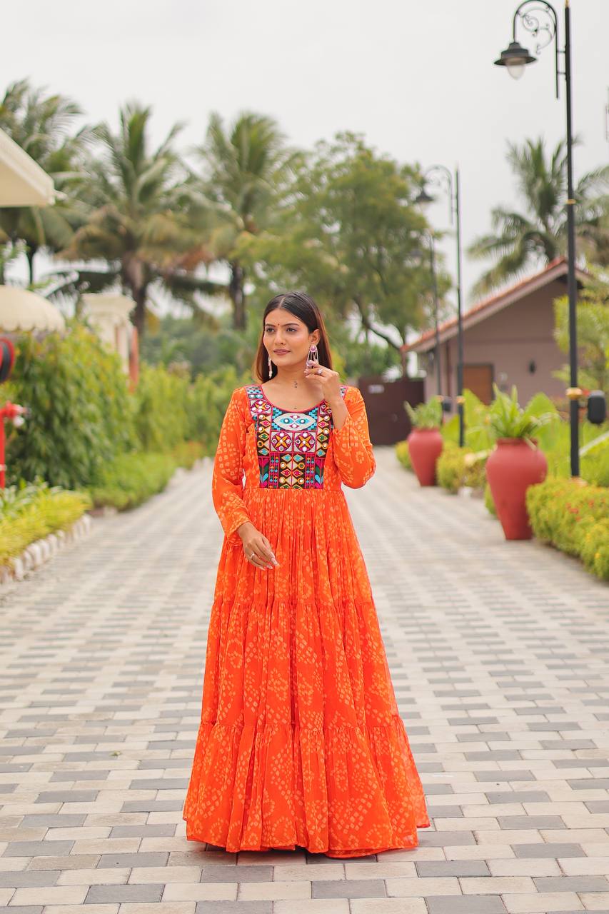 Orange mirror work gown with price