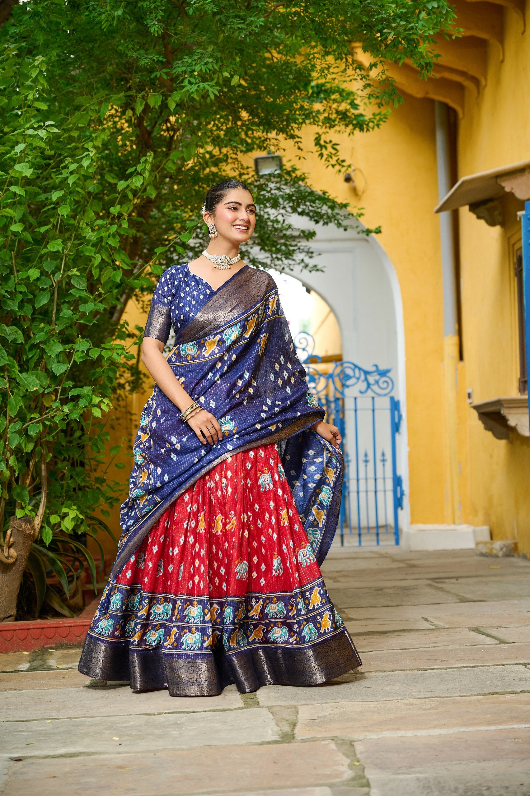 Red color zari printed lehenga with online