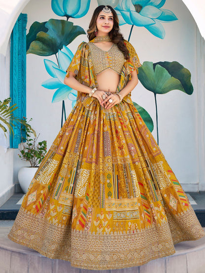 Yellow chinon silk embroidery work lehenga 