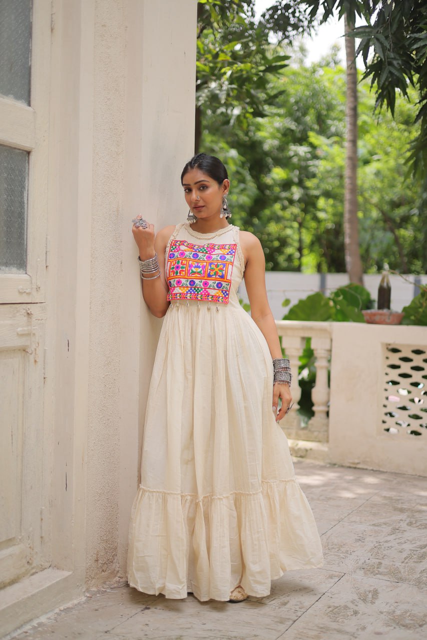 Navratri wear white color kora cotton gown