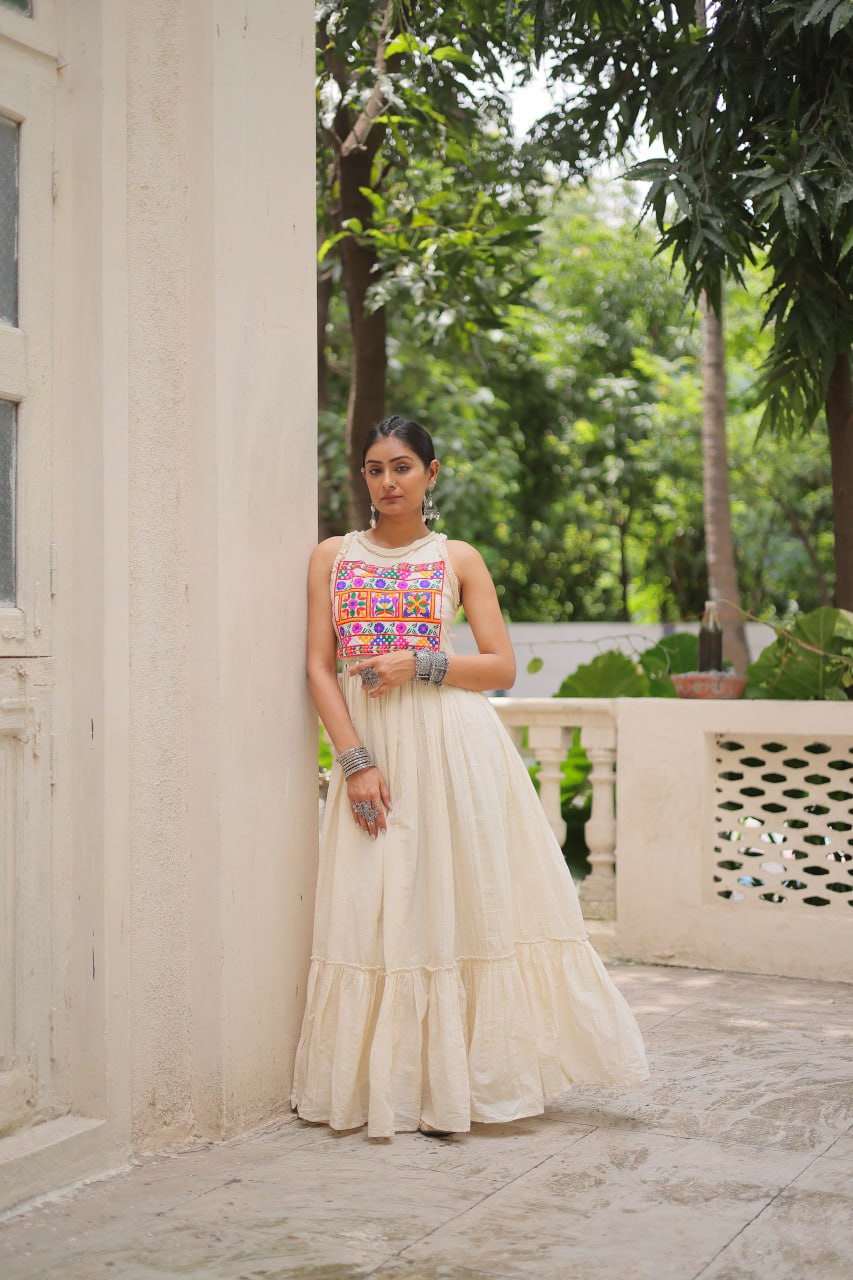 White embroidery work gown with price