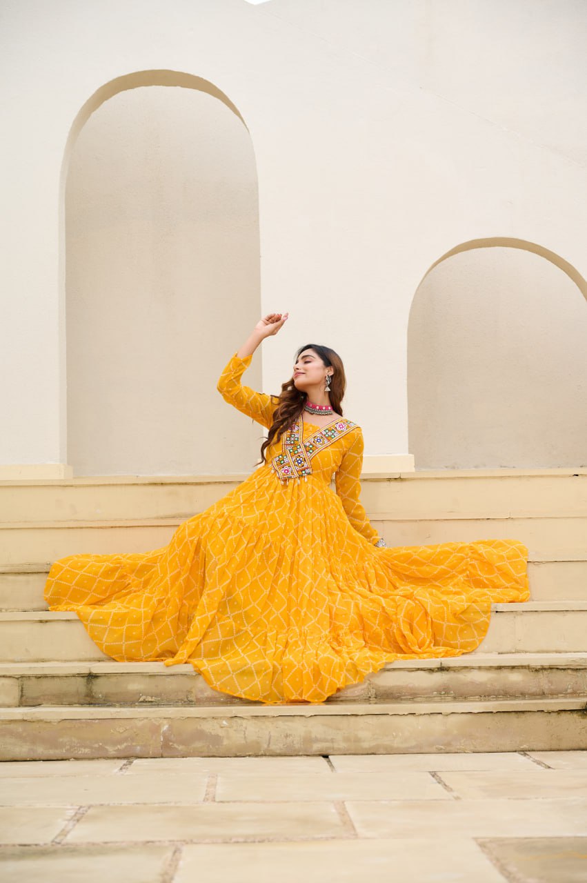 Yellow color kutchi work gown in USA