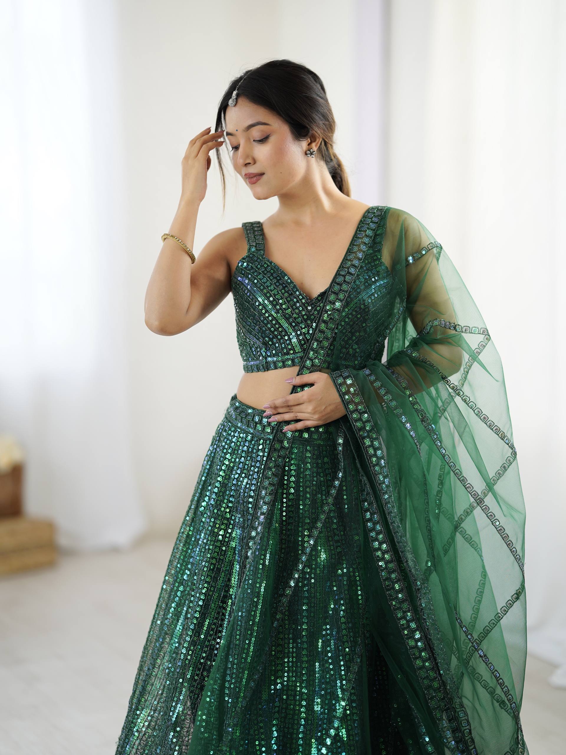 Green net chaniya choli with dupatta in UK