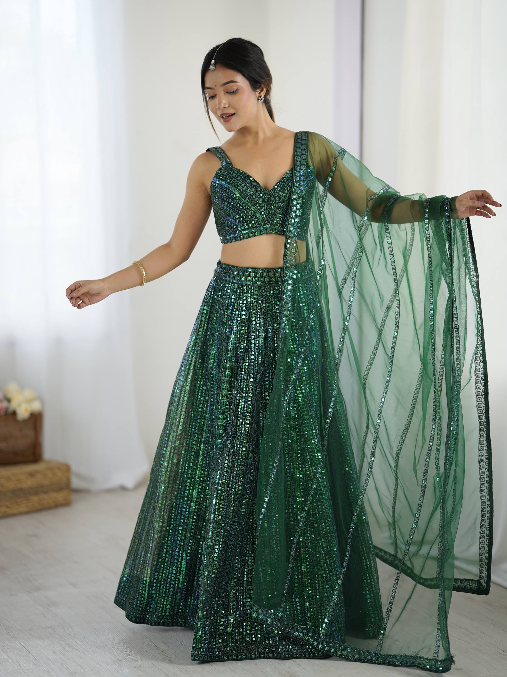 Green color sequins chaniya choli for party