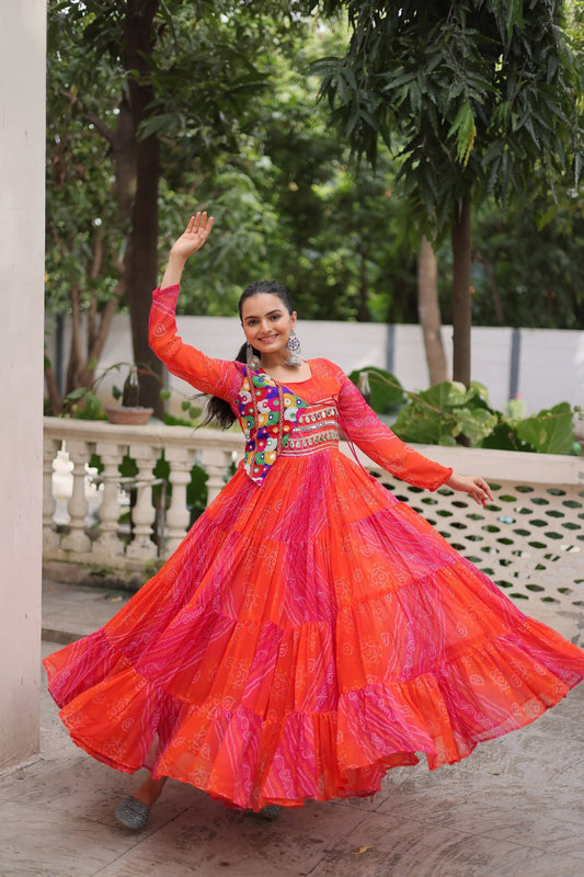 Women orange colour georgette gown for navratri
