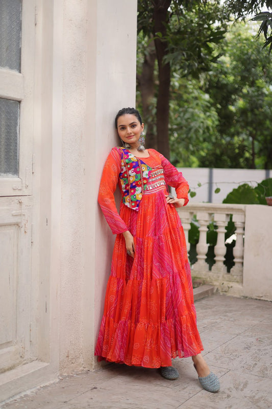 Maxi orange colour georgette gown for navratri
