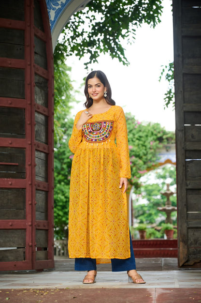 Women yellow color georgette kurtis for navratri
