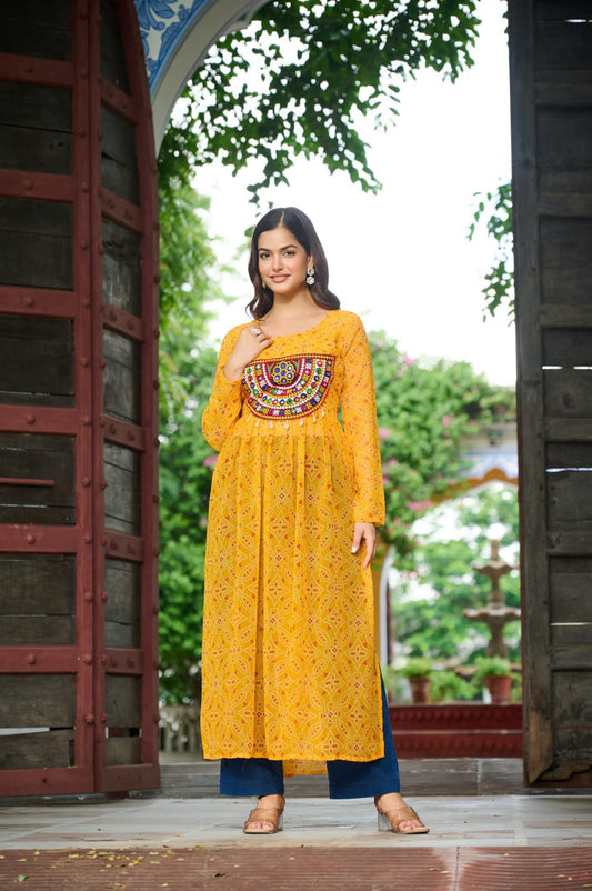 Women yellow color georgette kurtis for navratri
