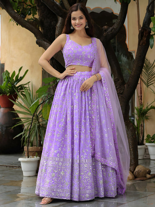 Lavender Georgette Sider Wedding Wear Lehenga Choli