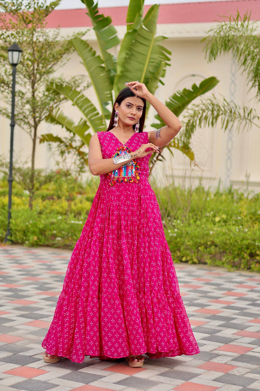 Pink color mirror work gown for garba 