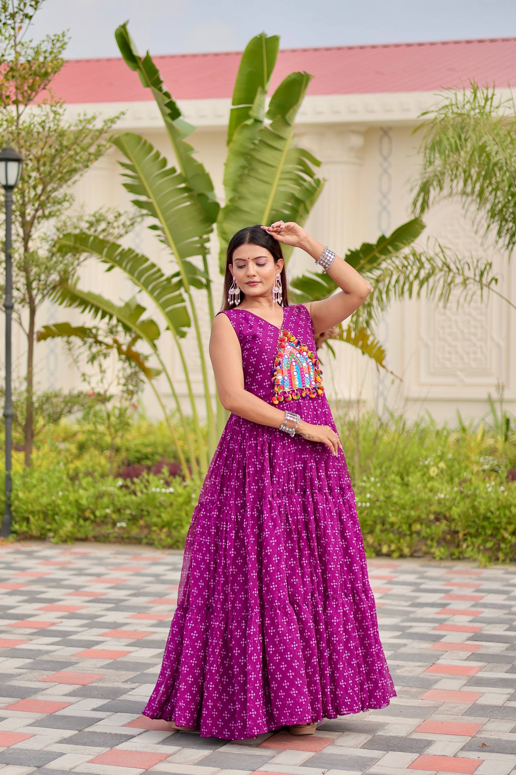 Purple mirror work long  gown with online