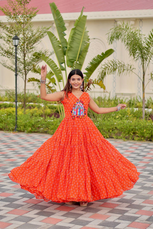 Orange Color Georgette Stitched Gown For Festive