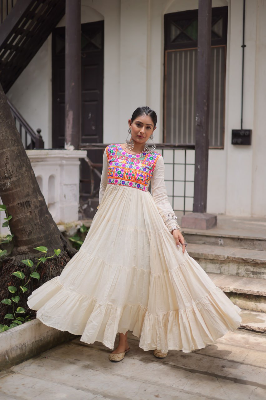 Navratri white kora cotton gown with online
