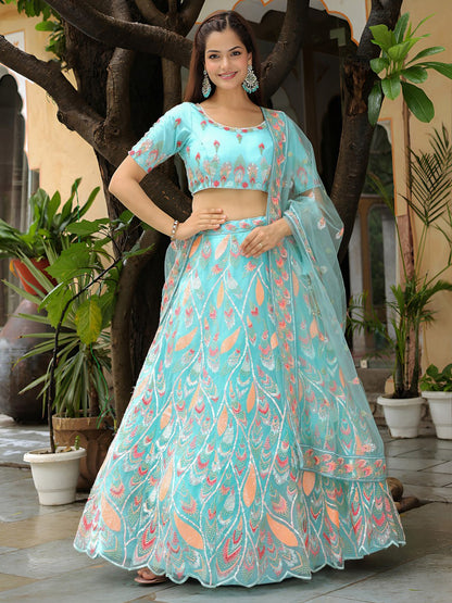 Sky Blue Soft Net Sequins Work Lehenga Choli for Party