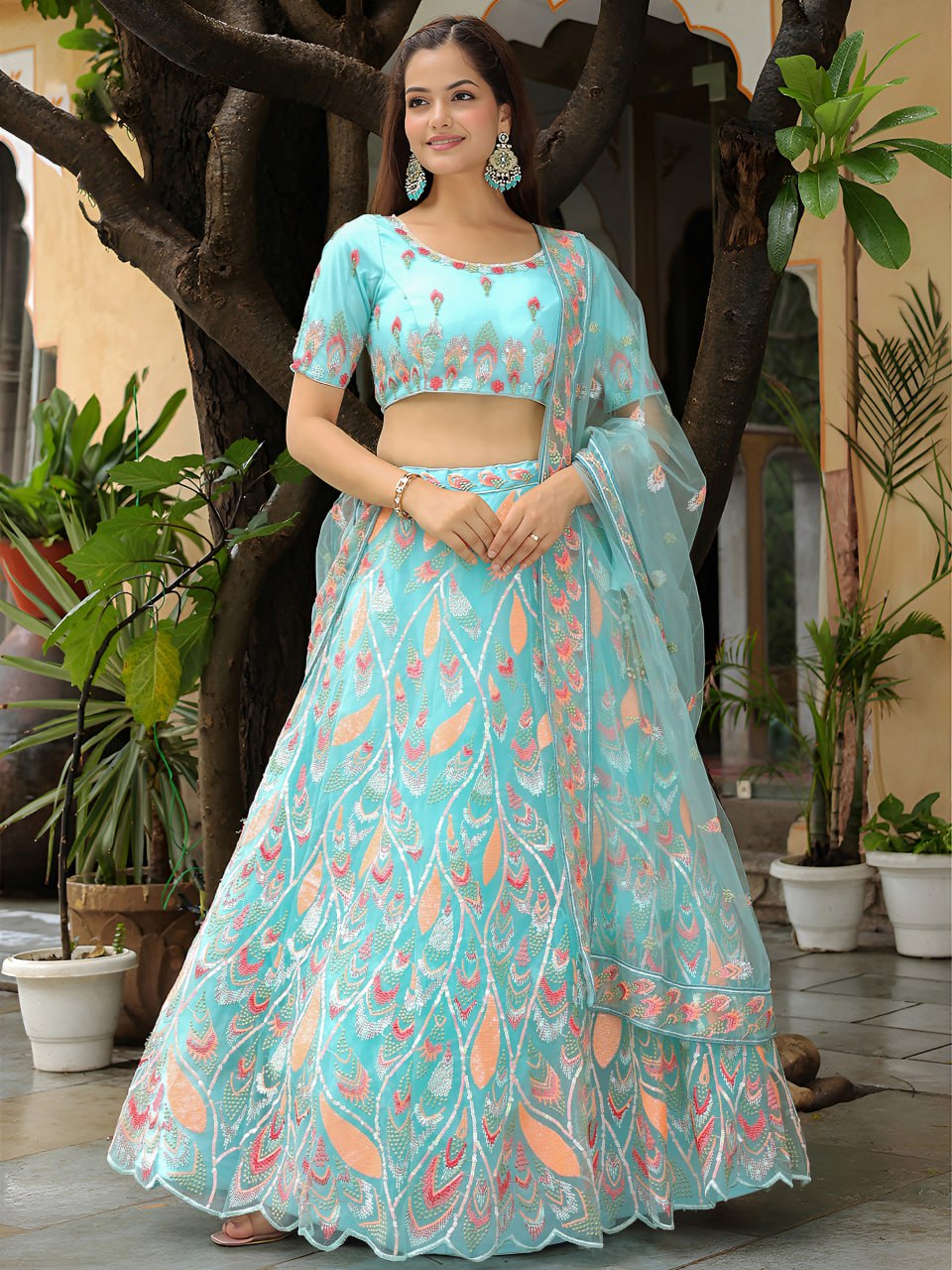 Sky Blue Soft Net Sequins Work Lehenga Choli for Party