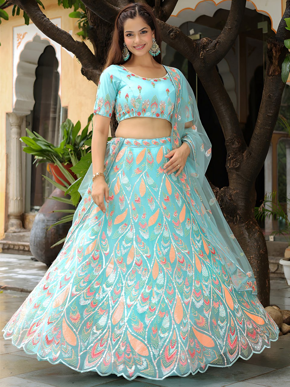 Sky Blue Soft Net Sequins Work Lehenga Choli for Party